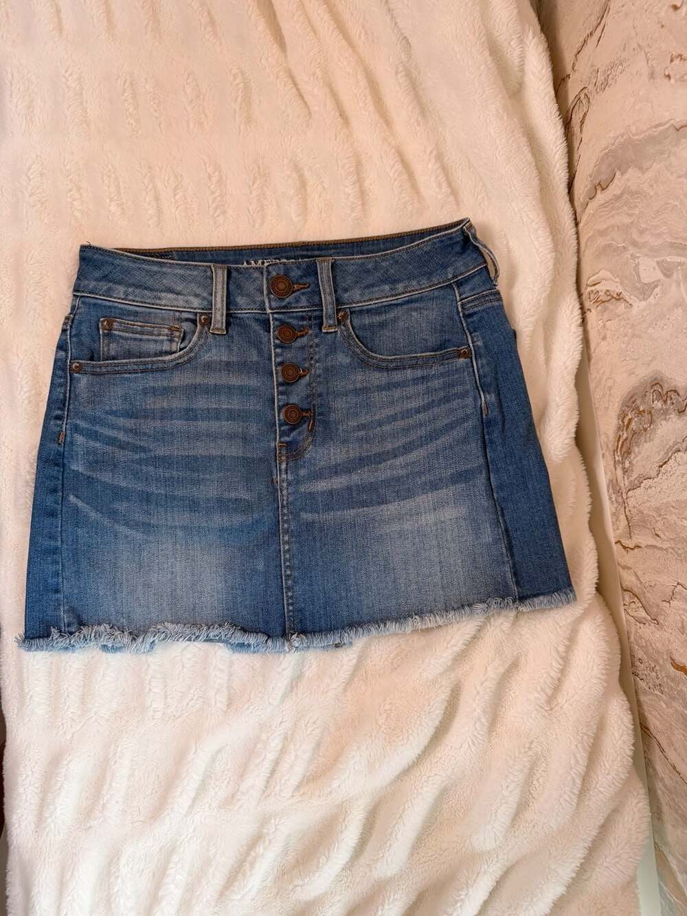 American Eagle Outfitters Super Stretch X Button Fly Raw Hem Denim Mini Skirt Si